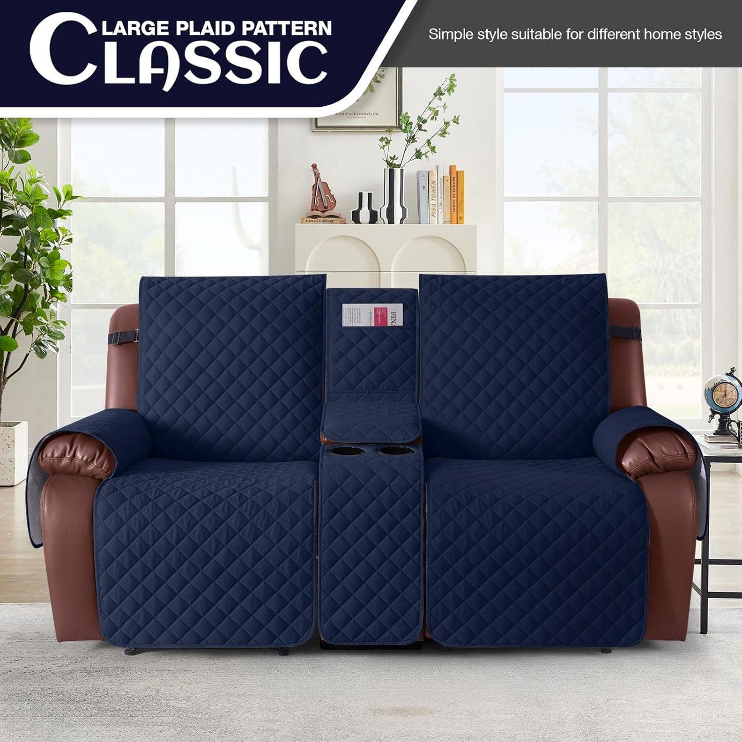 100%Waterproof  with Console, Non-Slip Reclining Couch Covers for 2 Seat, Recliner Sofa Cover Furniture Protector with Elastic Straps for Kids, Pets,Navy