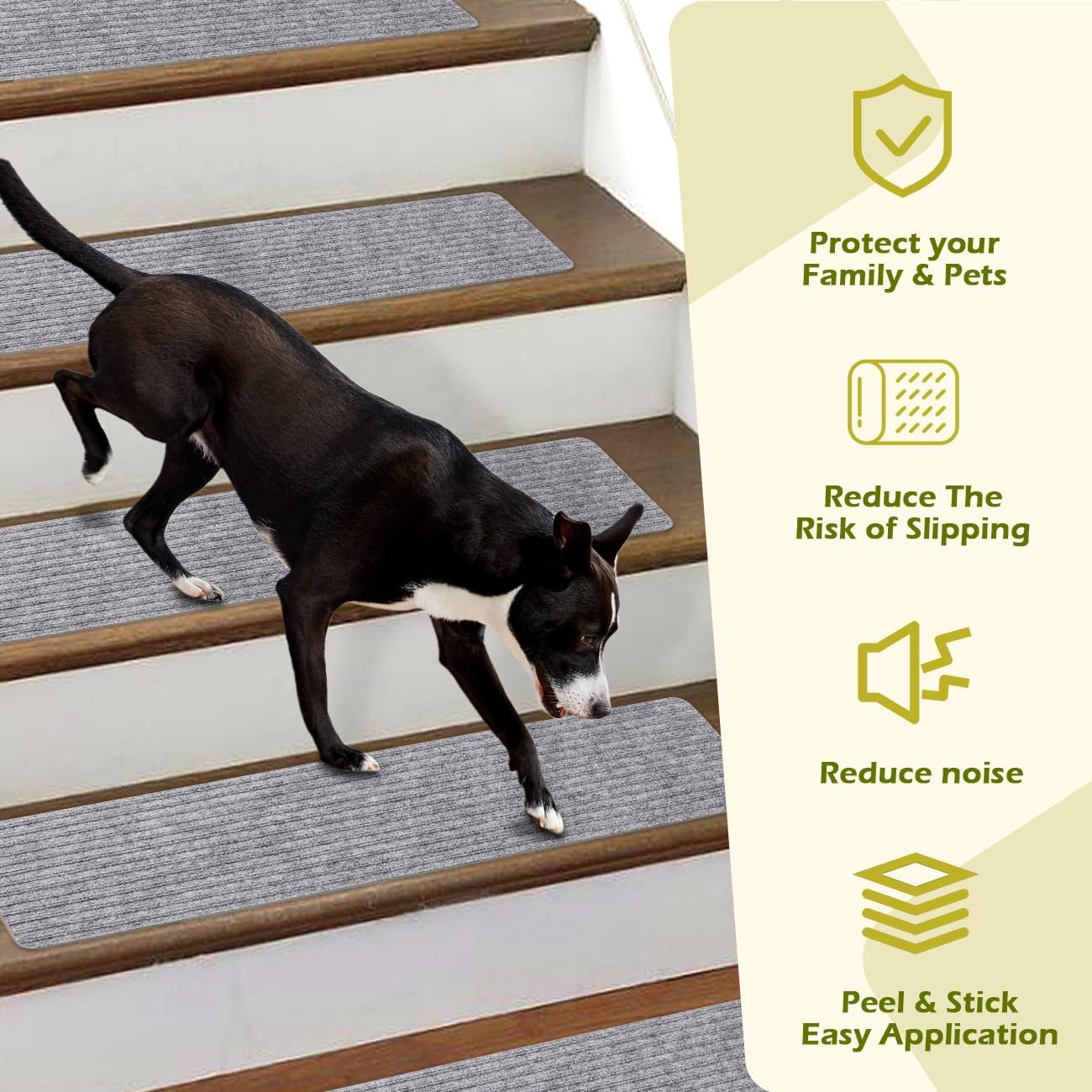 Stair Treads Carpet Non-Slip Indoor Stair Runners for Wooden Steps, Stair Rugs for Kids and Dogs, Set of 15, 8" X 30", Light Grey