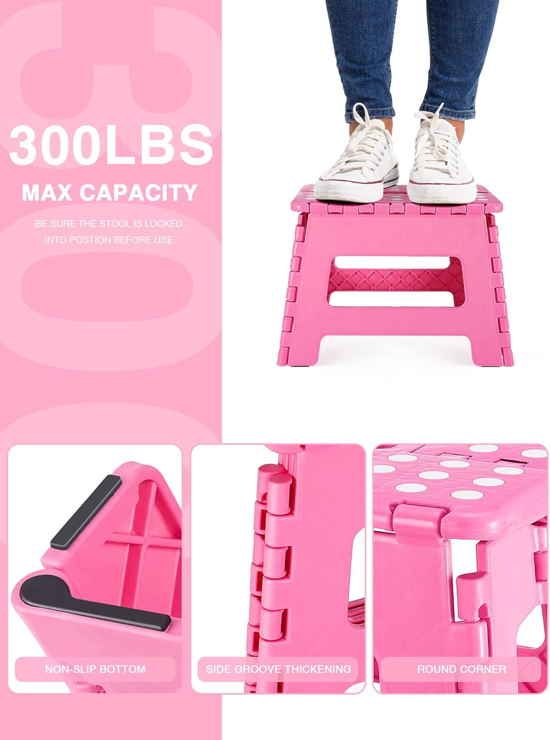 Lightweight, Durable, Foldable Step Stool With Handle, Suitable for Adults& Children, for Kitchens, Bathrooms, Outdoor (Pink)