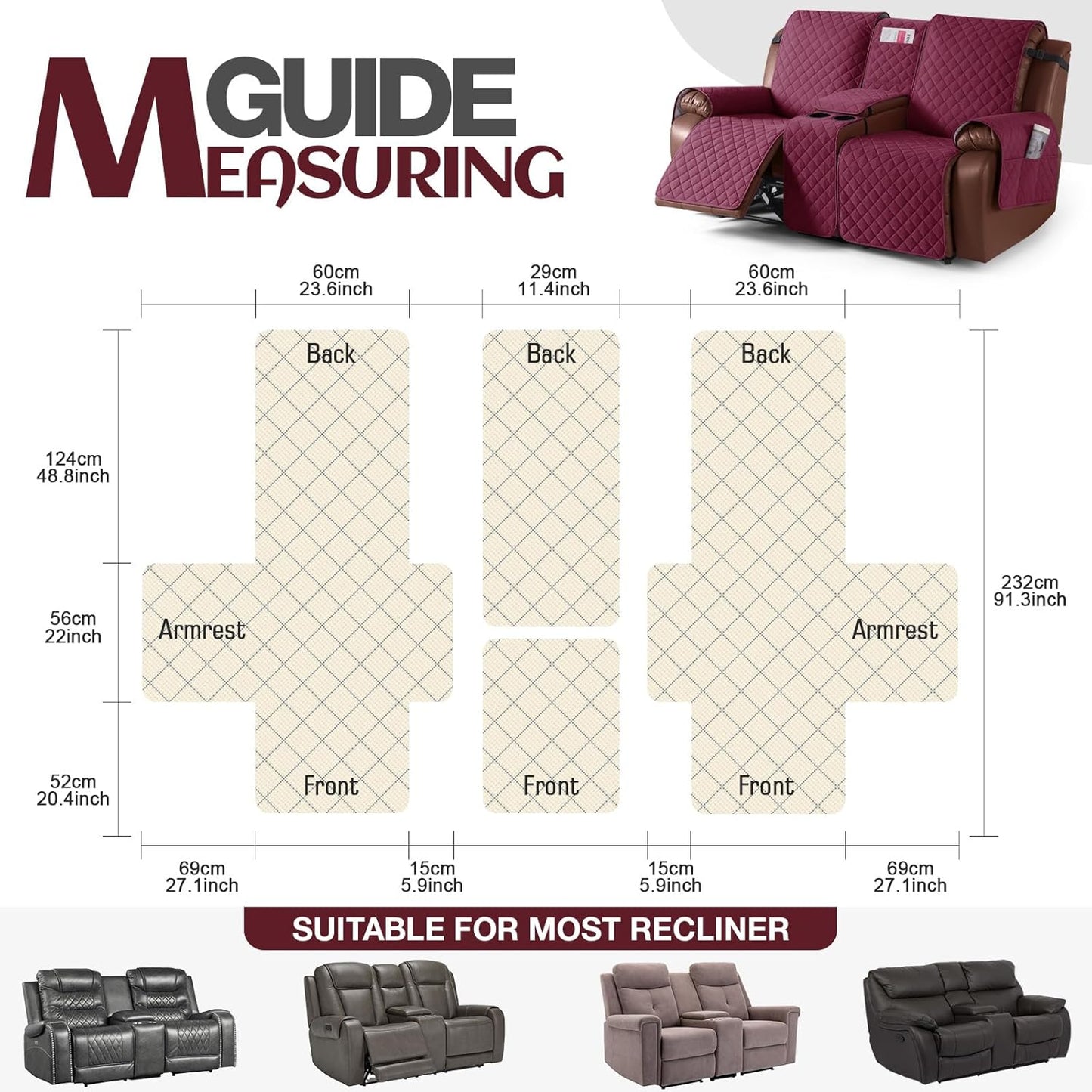 100%Waterproof  with Console, Non-Slip Reclining Couch Covers for 2 Seat, Recliner Sofa Cover Furniture Protector with Elastic Straps for Kids, Pets,Burgundy