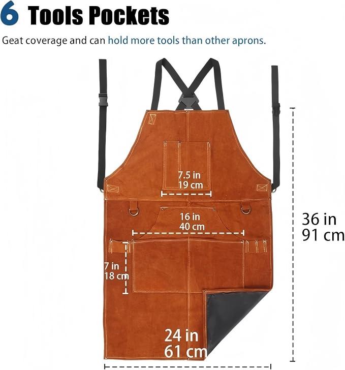 Leather Welding Work Apron with 6 Tool Pockets, Heat & Flame Resistant Welder Aprons, 24" x 36", Adjustable M to XXXL,Brown