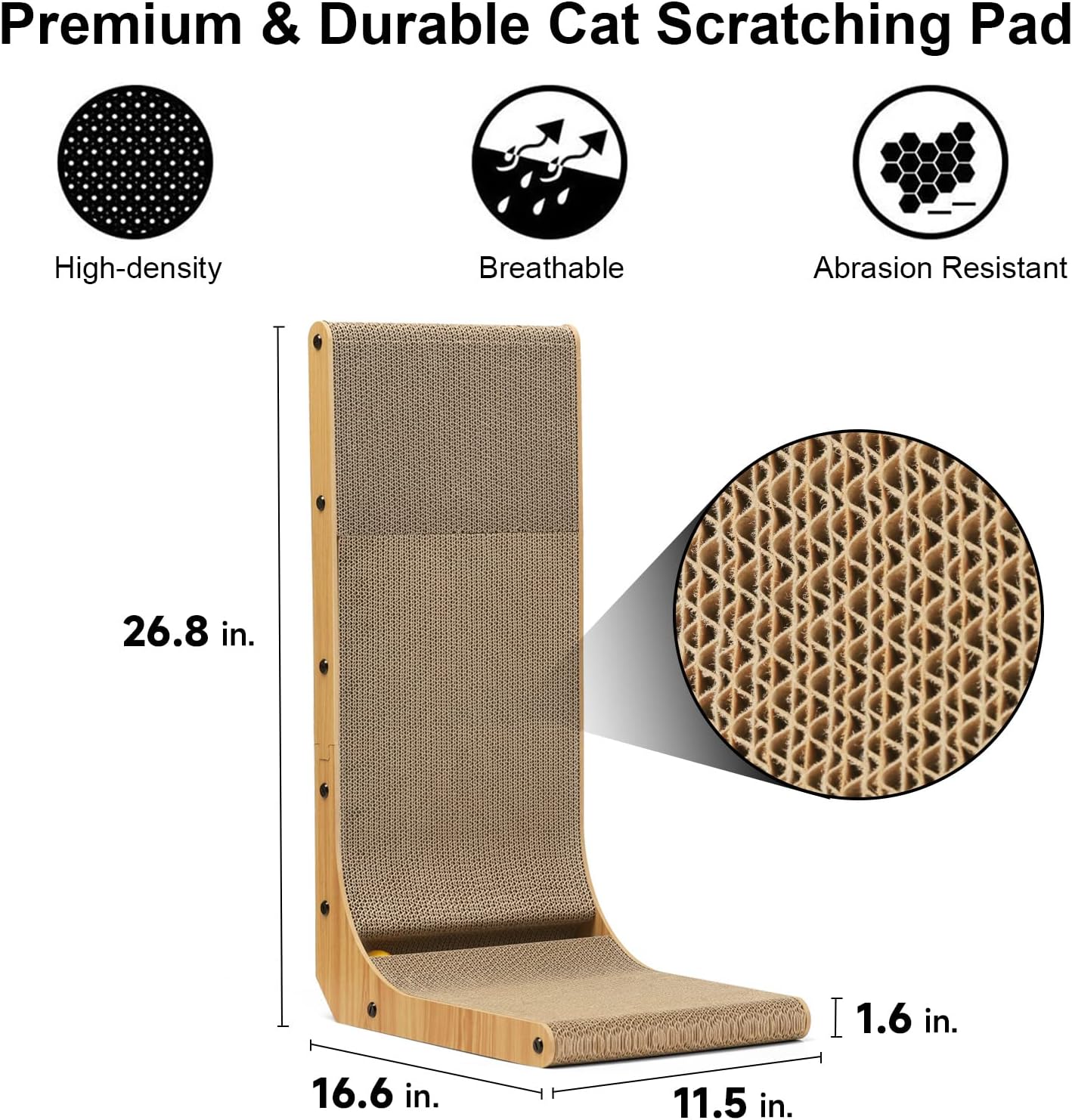 Cat Scratcher, L Shape Cat Scratch Pad Wall Mounted, Cat Scratching Cardboard with Ball Toy for Indoor Cats