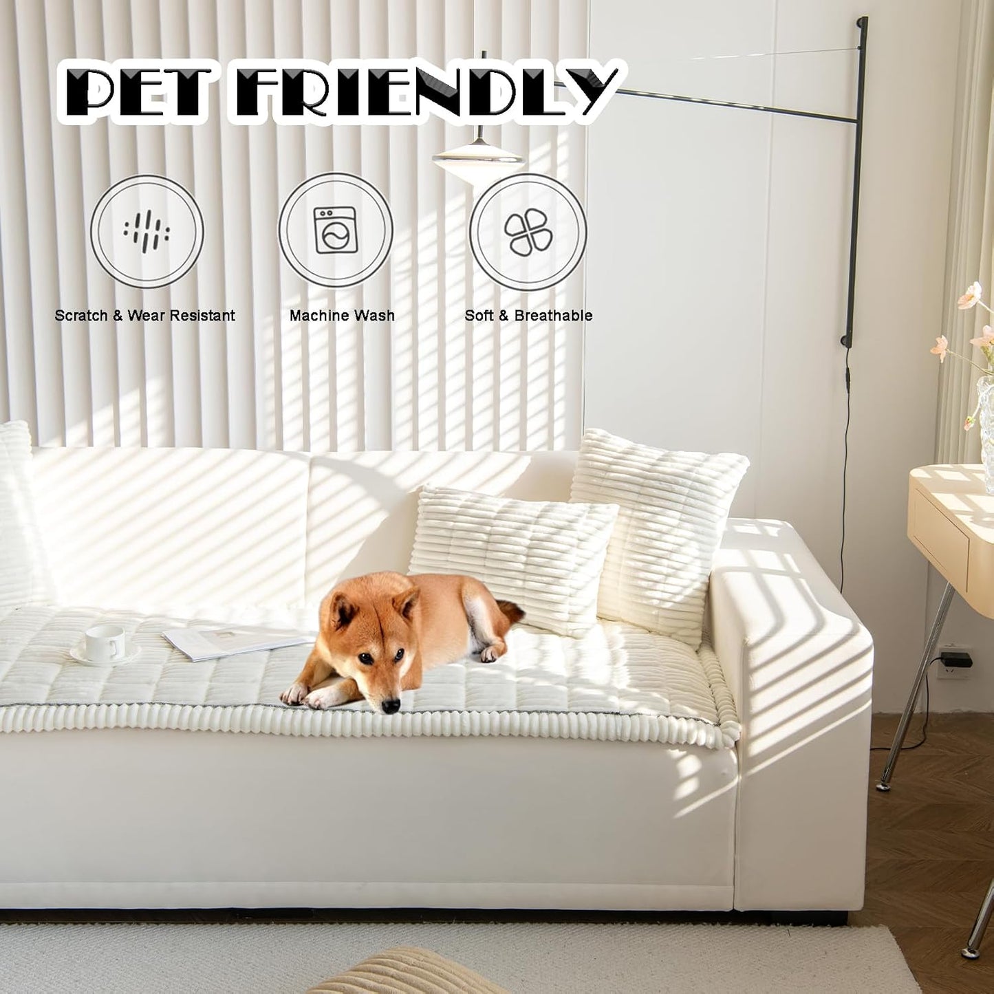 Couch Cover for Dogs Washable, Non Slip Fuzzy Pet Couch Covers for 3 Cushion Sofa Pet Friendly, Thick Soft Sofa Slipcovers Cushion Protector, White