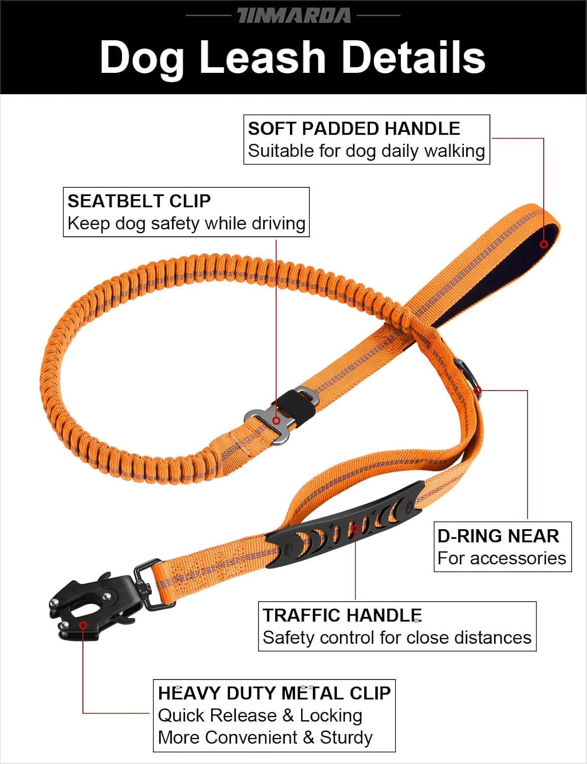 Heavy Duty Dog Leash, 4-6FT Shock Absorbing Dog Leashes with Traffic Handle and Comfortable Padded Handles, Advanced Easy Metal Clip, No Pull Reflective Leash for Medium Large Dogs,Orange