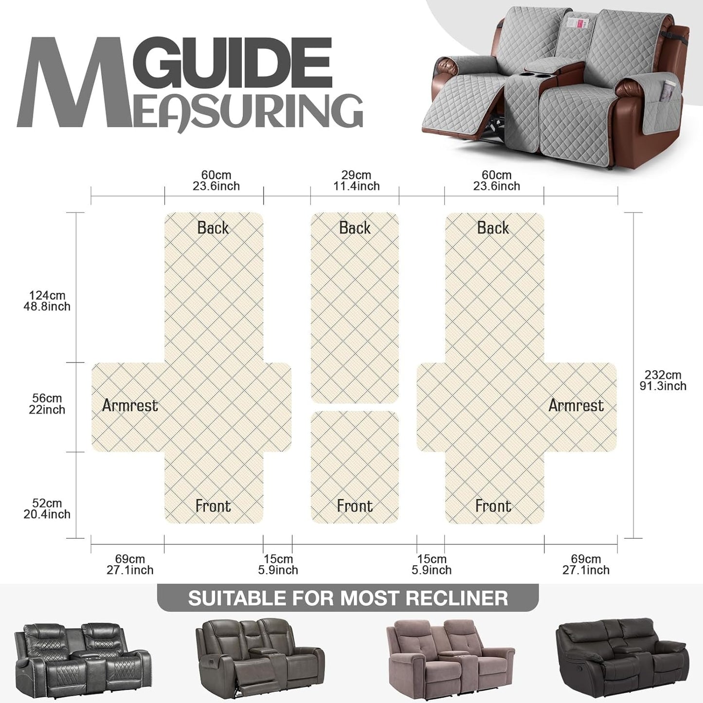 100%Waterproof  with Console, Non-Slip Reclining Couch Covers for 2 Seat, Recliner Sofa Cover Furniture Protector with Elastic Straps for Kids, Pets,Lightgrey