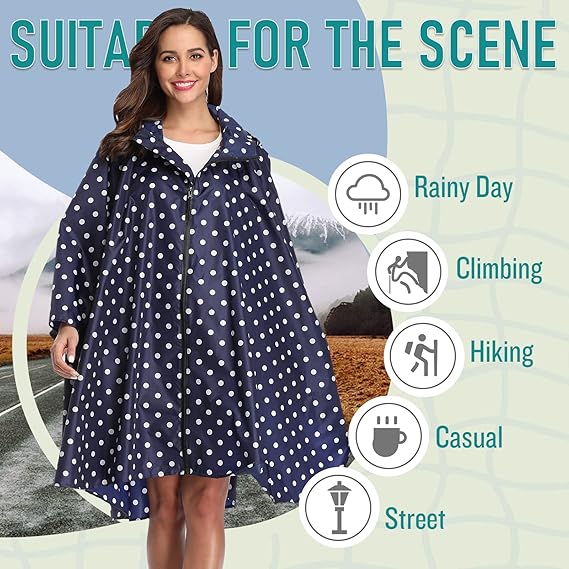 Unisex Rain Poncho Raincoat Hooded with Pockets&ZIpper ,Fashion,Beautiful, Durable, Lightweight,(Blue Dot)