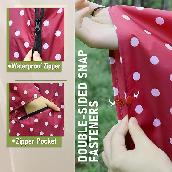 Unisex Rain Poncho Raincoat Hooded with Pockets&ZIpper ,Fashion,Beautiful, Durable, Lightweight,(Red Dot)
