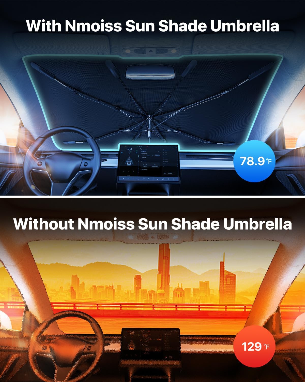 Windshield Sun Shade Umbrella - Protect Car from Sun Rays & Heat Damage Keep Cool and Protect Interior, Spring Structure,Umbrella handle bent,Top opening,Silvery