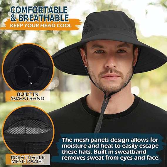 Unisex Sun Hat, Waterproof Wide Brim Bucket Hat Packable Boonie Hat for Fishing Hiking Gardening Safari Beach,Black
