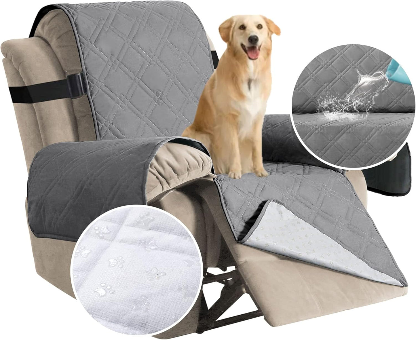 100% Waterproof ,Non-Slip Reclining Cover for Recliner Chair Washable Chair Cover Furniture Protector with Elastic Straps for pet ,kid ,Dove
