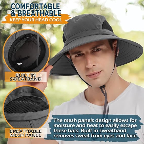 Unisex Sun Hat, Waterproof Wide Brim Bucket Hat Packable Boonie Hat for Fishing Hiking Gardening Safari Beach,Dark Grey