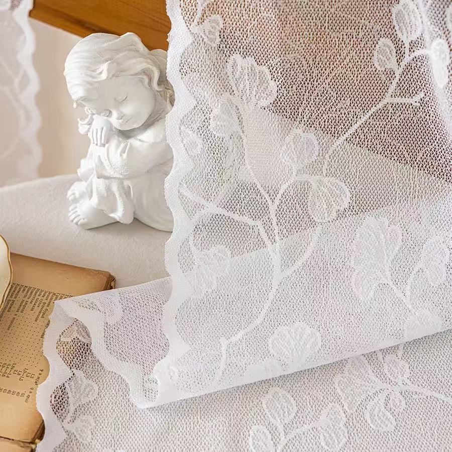 Vintage Lace Curtains Romantic Ginkgo biloba leaves pattern Curtains Panels for Kithchen Living Room French Door, White
