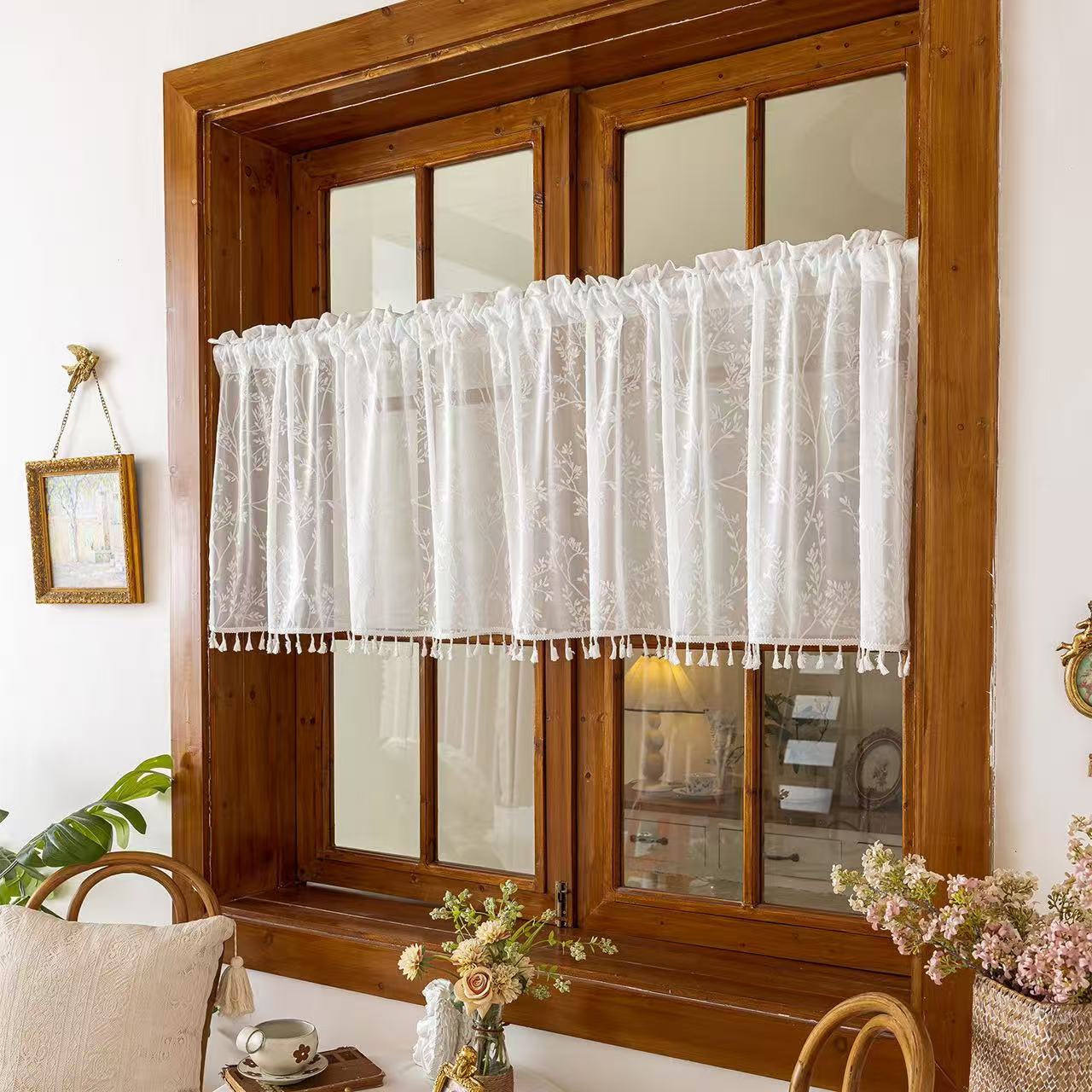 White Valances for Windows, Small Window Curtains for Living Room Bathroom Laundry Basement, Modern Rod Pocket Semi Sheer Jacquard Curtains