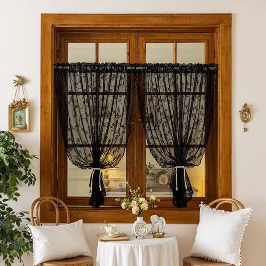 Vintage Lace Curtains Romantic Ginkgo biloba leaves pattern Curtains Panels for Kithchen Living Room French Door, Black