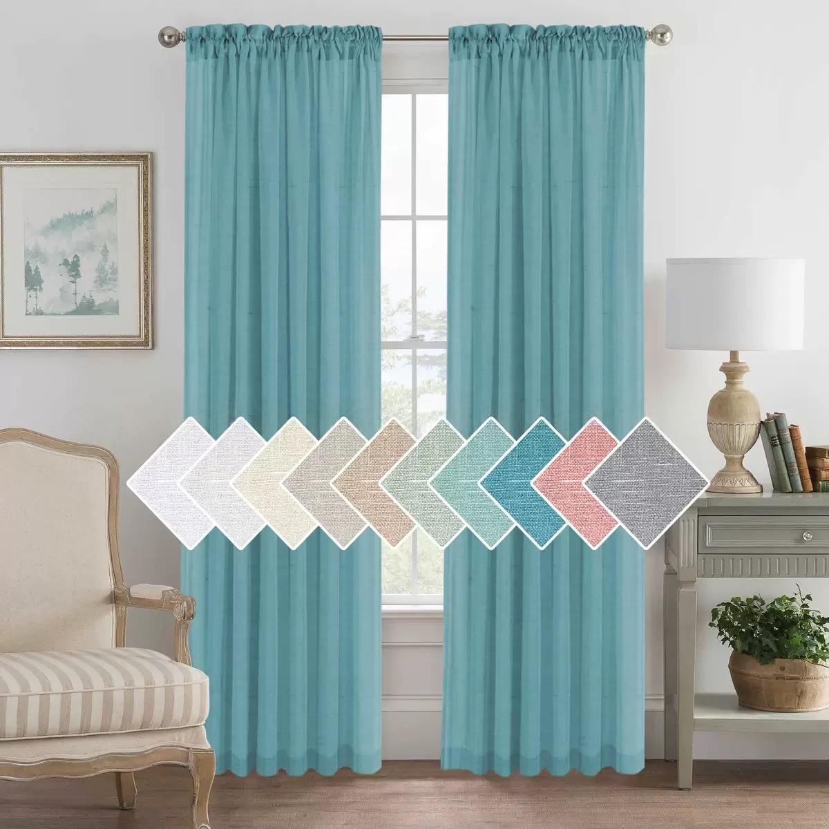 Natural Linen Sheer Curtains 2 Panels, Rod Pocket Semitransparent Semi-Sheer Soft Comfort Privacy Drapes,Stone Blue