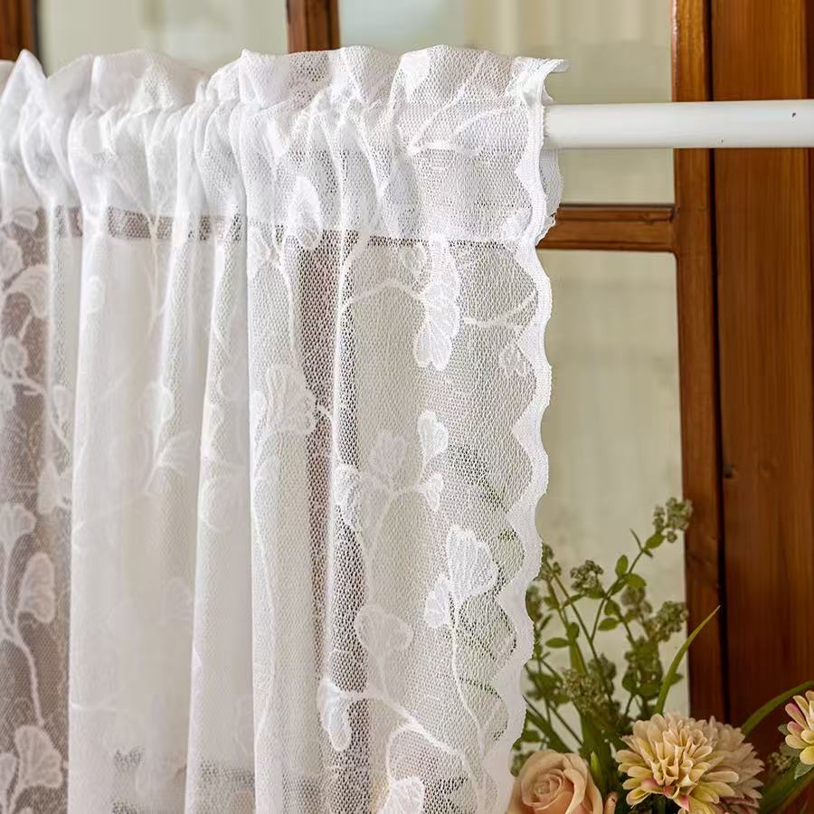 Vintage Lace Curtains Romantic Ginkgo biloba leaves pattern Curtains Panels for Kithchen Living Room French Door, White