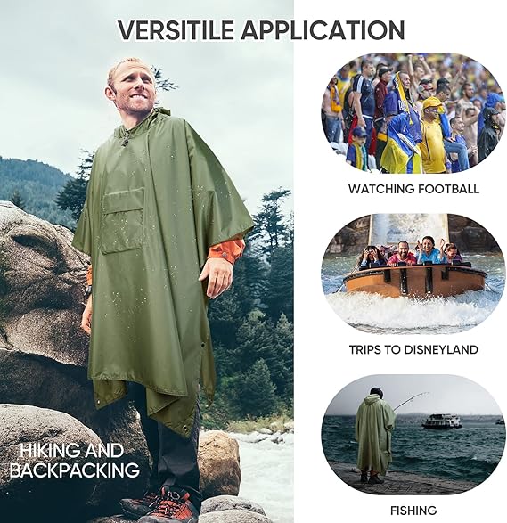 Hooded Rain Poncho for Adult with Pocket, Waterproof Lightweight Unisex Raincoat for Hiking Camping Emergency ,Green