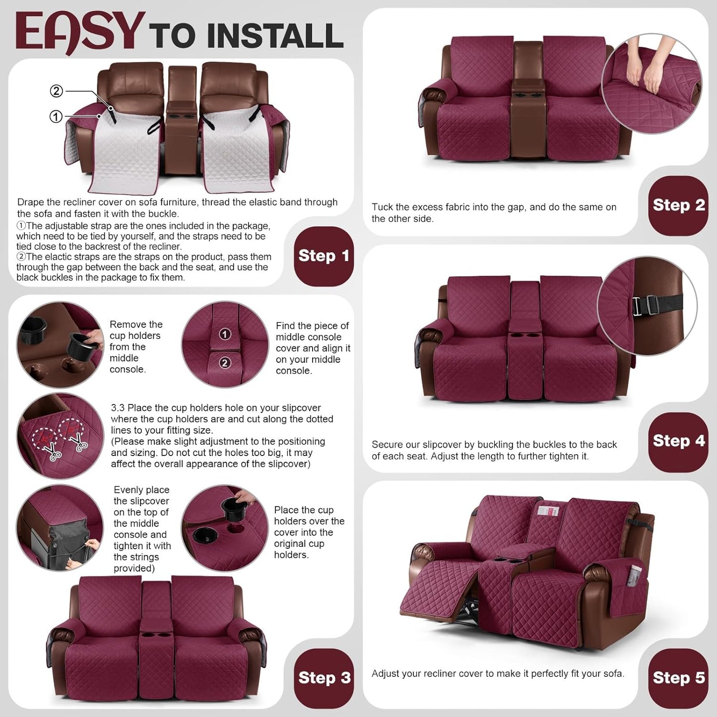 100%Waterproof  with Console, Non-Slip Reclining Couch Covers for 2 Seat, Recliner Sofa Cover Furniture Protector with Elastic Straps for Kids, Pets,Burgundy