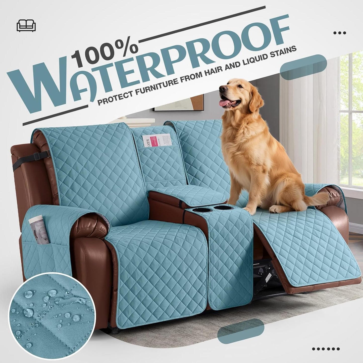100%Waterproof  with Console, Non-Slip Reclining Couch Covers for 2 Seat, Recliner Sofa Cover Furniture Protector with Elastic Straps for Kids, Pets,GreyBlue