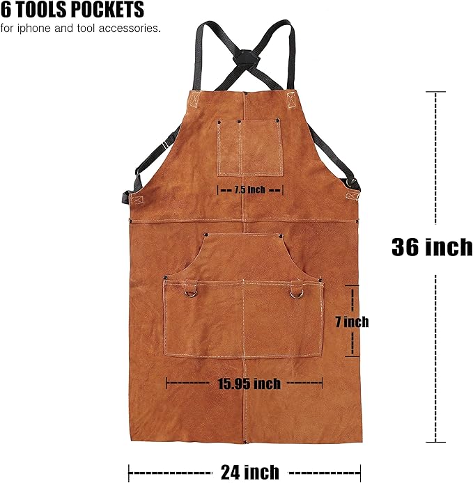 Leather Welding Work Apron with 6 Tool Pockets, Heat & Flame Resistant Welder Aprons, 24" x 36", Adjustable M to XXXL,Taupe
