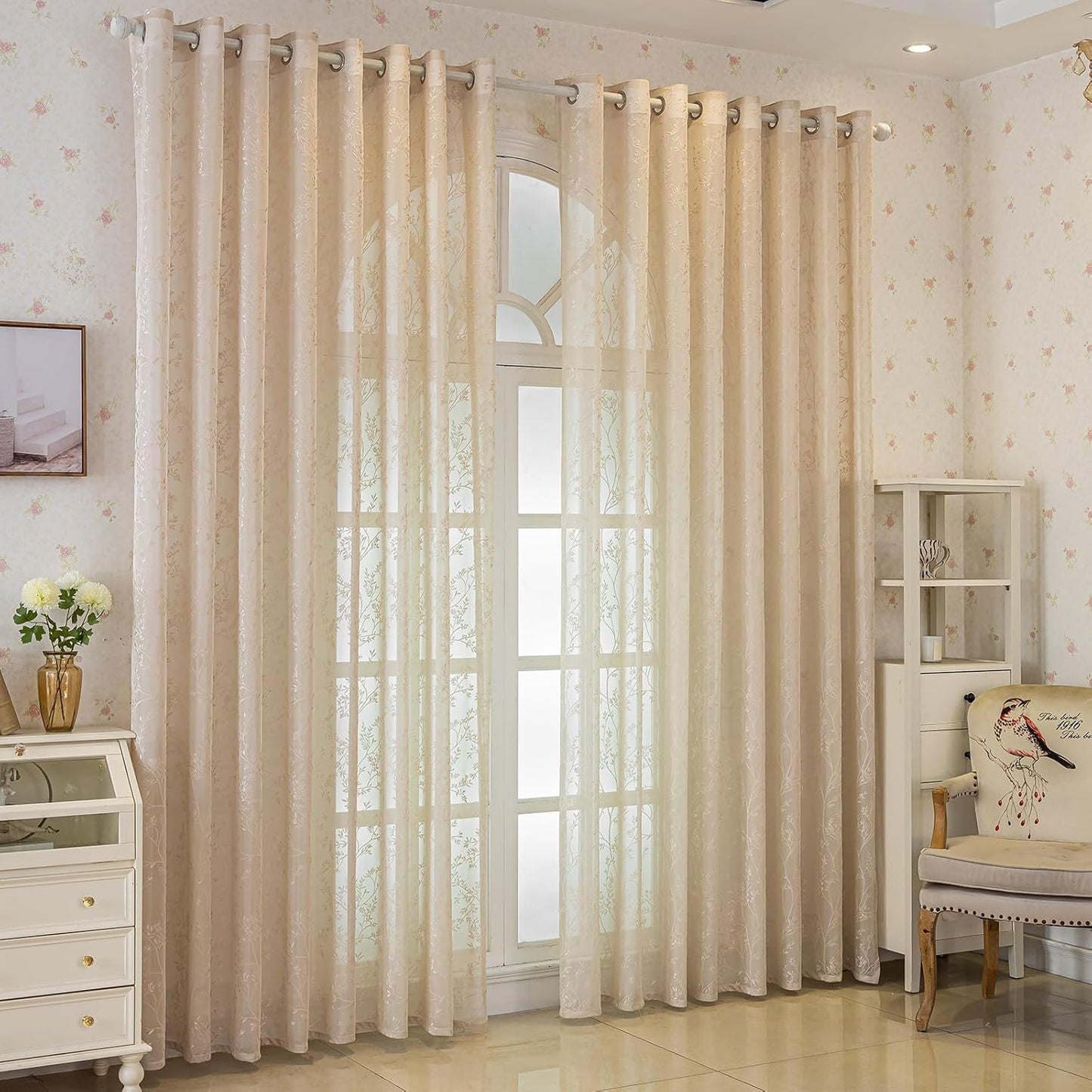 Beige Lace Sheer Curtains, Farmhouse Leaf Jacquard Grommet Window Curtain for Living Room/Bedroom, Voile Sheer Panel Drapes