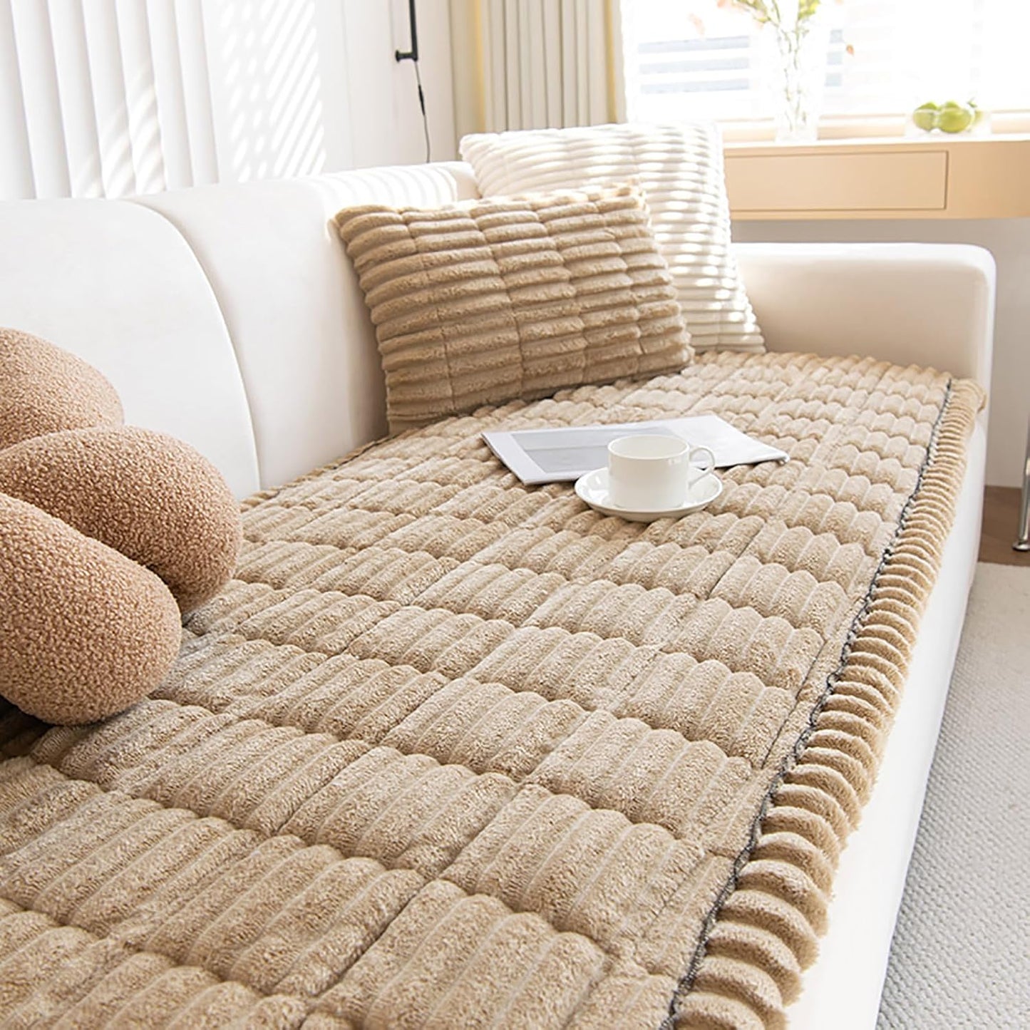 Couch Cover for Dogs Washable, Non Slip Fuzzy Pet Couch Covers for 3 Cushion Sofa Pet Friendly, Thick Soft Sofa Slipcovers Cushion Protector, Sand