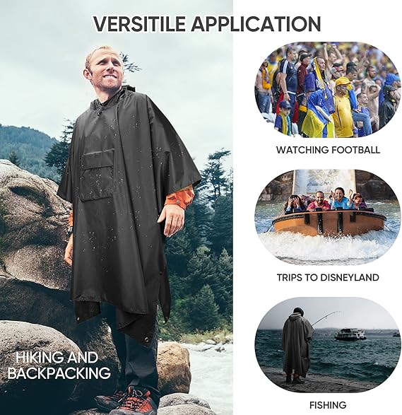 Hooded Rain Poncho for Adult with Pocket, Waterproof Lightweight Unisex Raincoat for Hiking Camping Emergency ,Black