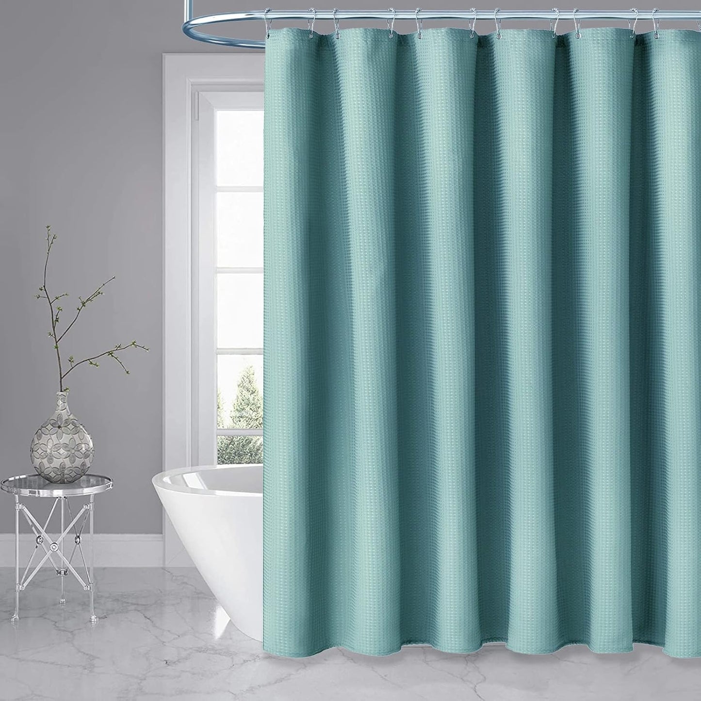 Fabric Shower Curtain - Waffle Weave Weighted Thick Cloth Shower Curtains for Bathroom, Hotel Spa Luxury Bath Curtain Set with 10 Hooks,Cyan
