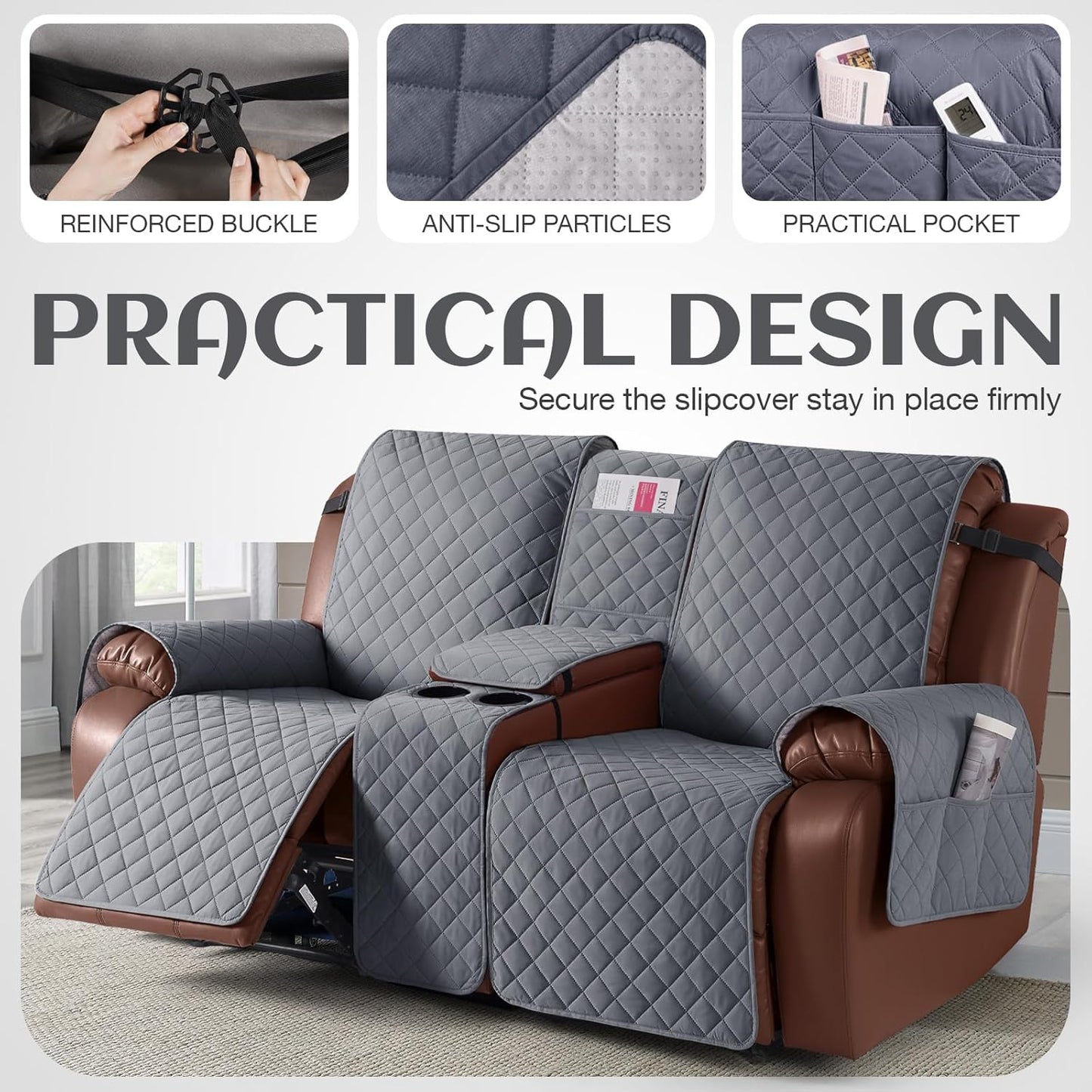 100%Waterproof  with Console, Non-Slip Reclining Couch Covers for 2 Seat, Recliner Sofa Cover Furniture Protector with Elastic Straps for Kids, Pets,Grey