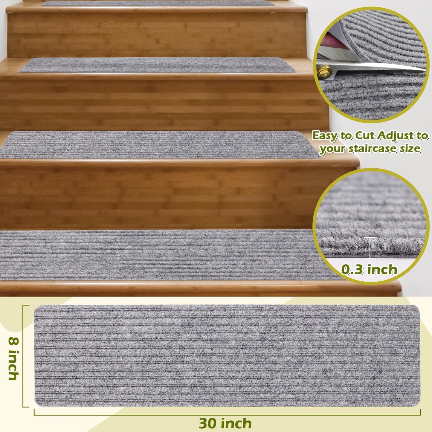 Stair Treads Carpet Non-Slip Indoor Stair Runners for Wooden Steps, Stair Rugs for Kids and Dogs, Set of 15, 8" X 30", Light Grey