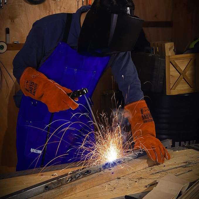 Leather Welding Work Apron with 6 Tool Pockets, Heat & Flame Resistant Welder Aprons, 24" x 36", Adjustable M to XXXL,Blue
