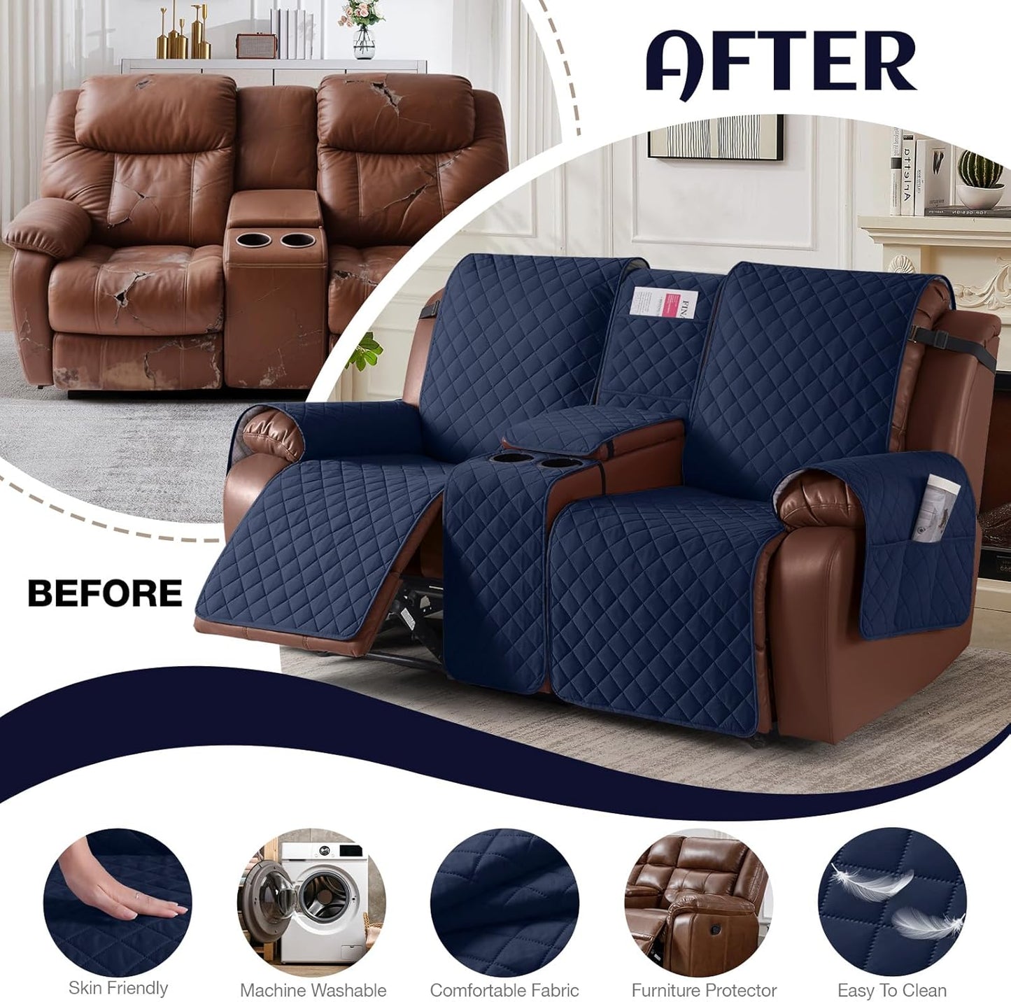 100%Waterproof  with Console, Non-Slip Reclining Couch Covers for 2 Seat, Recliner Sofa Cover Furniture Protector with Elastic Straps for Kids, Pets,Navy