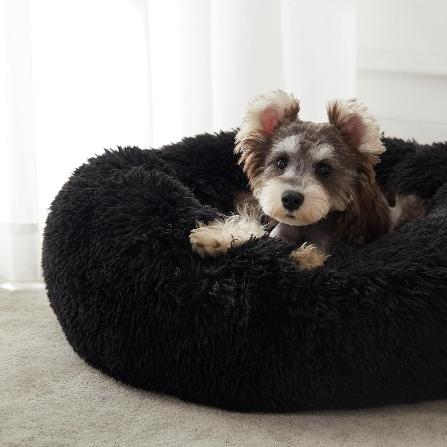 Anti Anxiety Round Fluffy Plush Faux Fur Warm Washable Dog Bed & Cat Bed, Original Bed for Small Medium Large Pets, Black