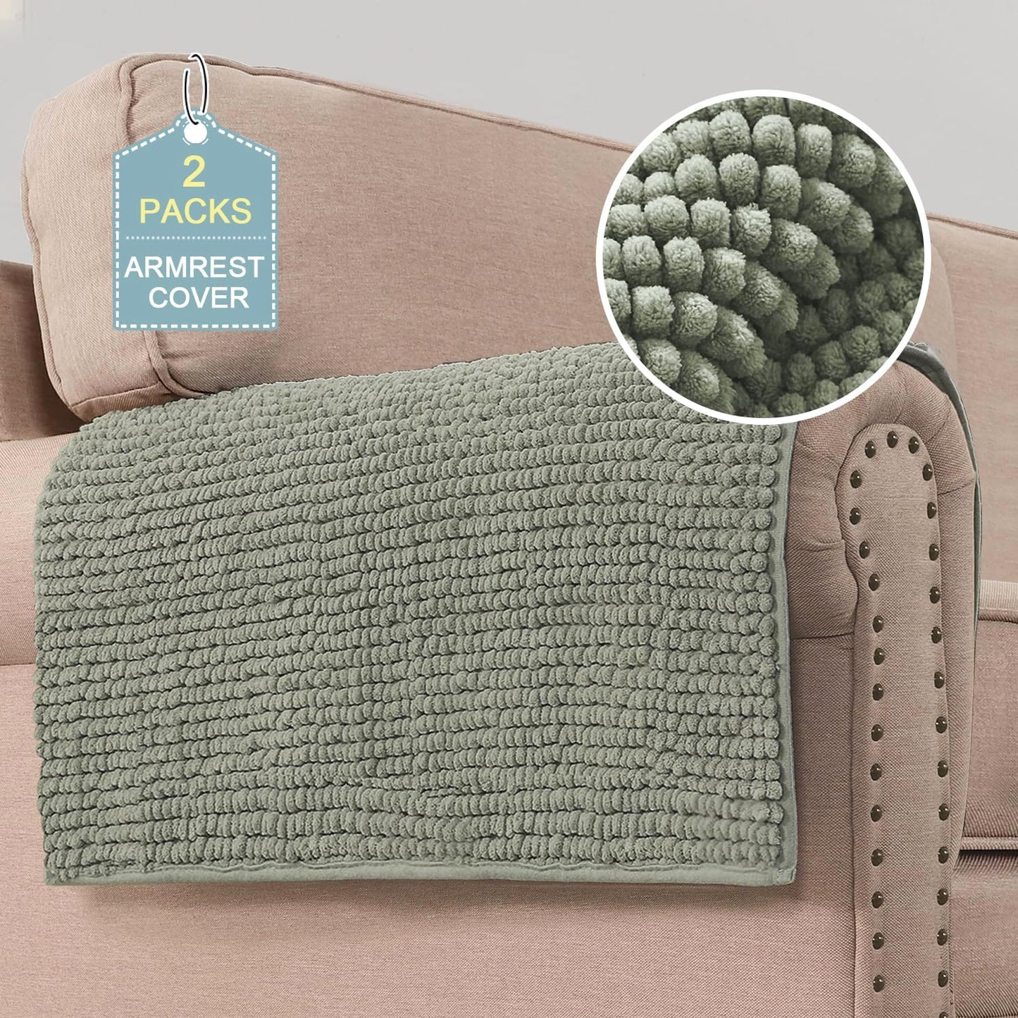 2 Packs Plush Chenille Couch Armrest Cover Thick and Soft Sofa Covers Water Resistant Furniture Protector Cover for Pets,Sage