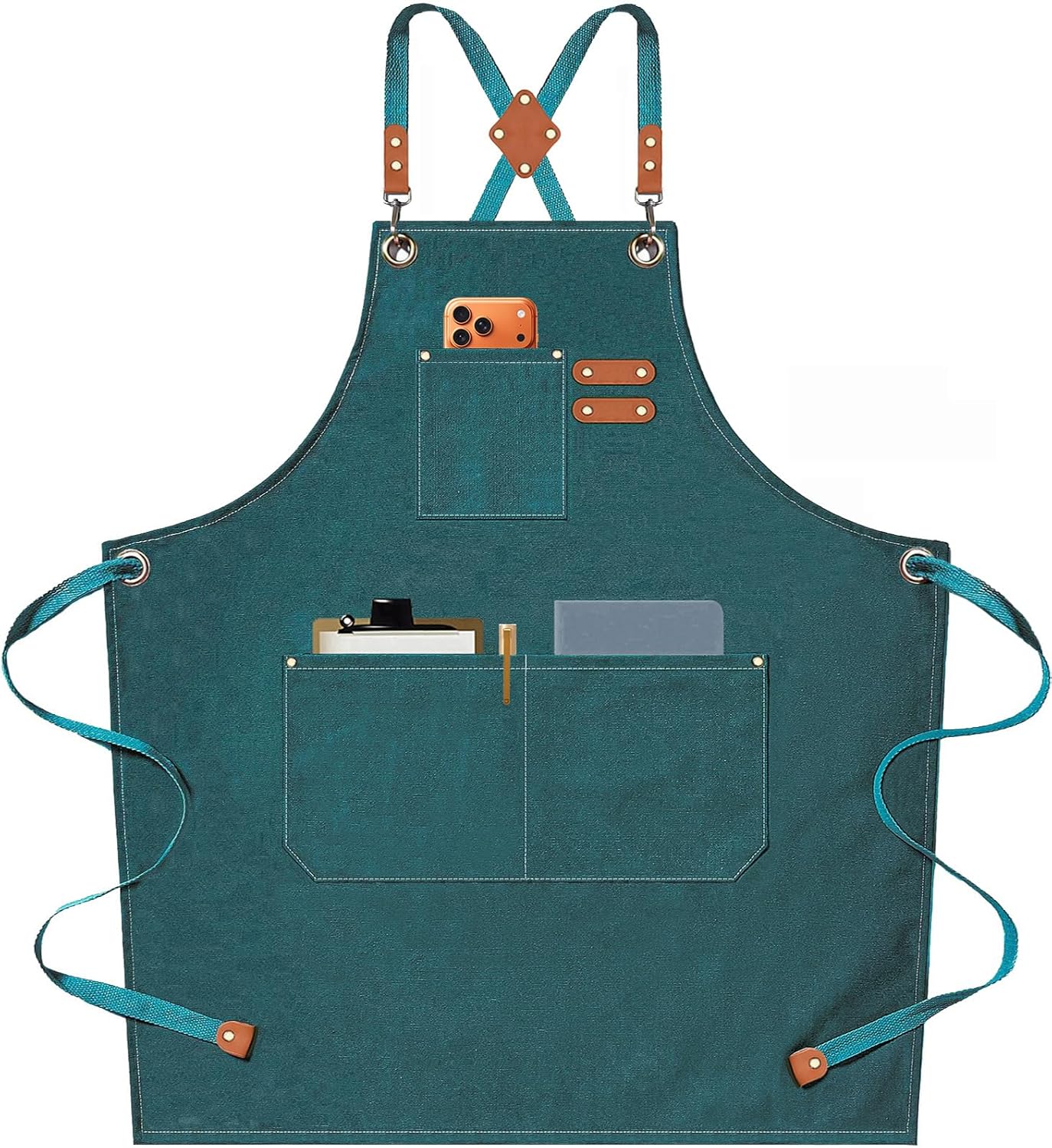 Chef Aprons for Men Women with Oversized Pockets,Cotton Canvas Cross Back Heavy Duty Work Apron,Teal