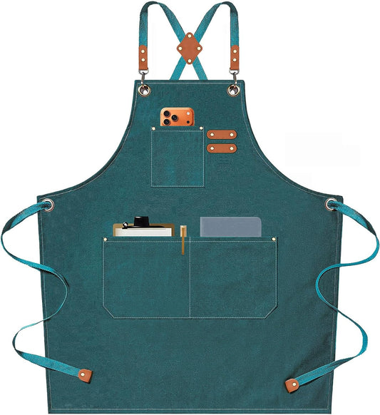 Chef Aprons for Men Women with Oversized Pockets,Cotton Canvas Cross Back Heavy Duty Work Apron,Teal
