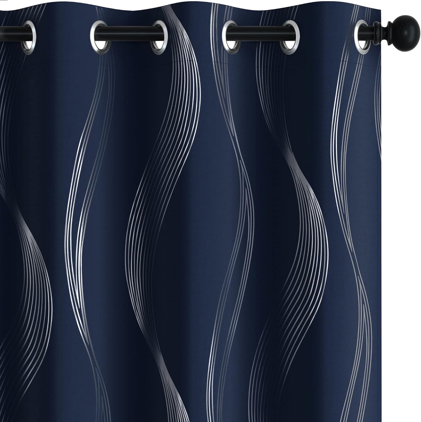 Silver Wave Print Blackout Curtains - Thermal Insulated & Noise‑Reducing Grommet Drapes for Bedroom & Living Room,  2 Panels ,Navy