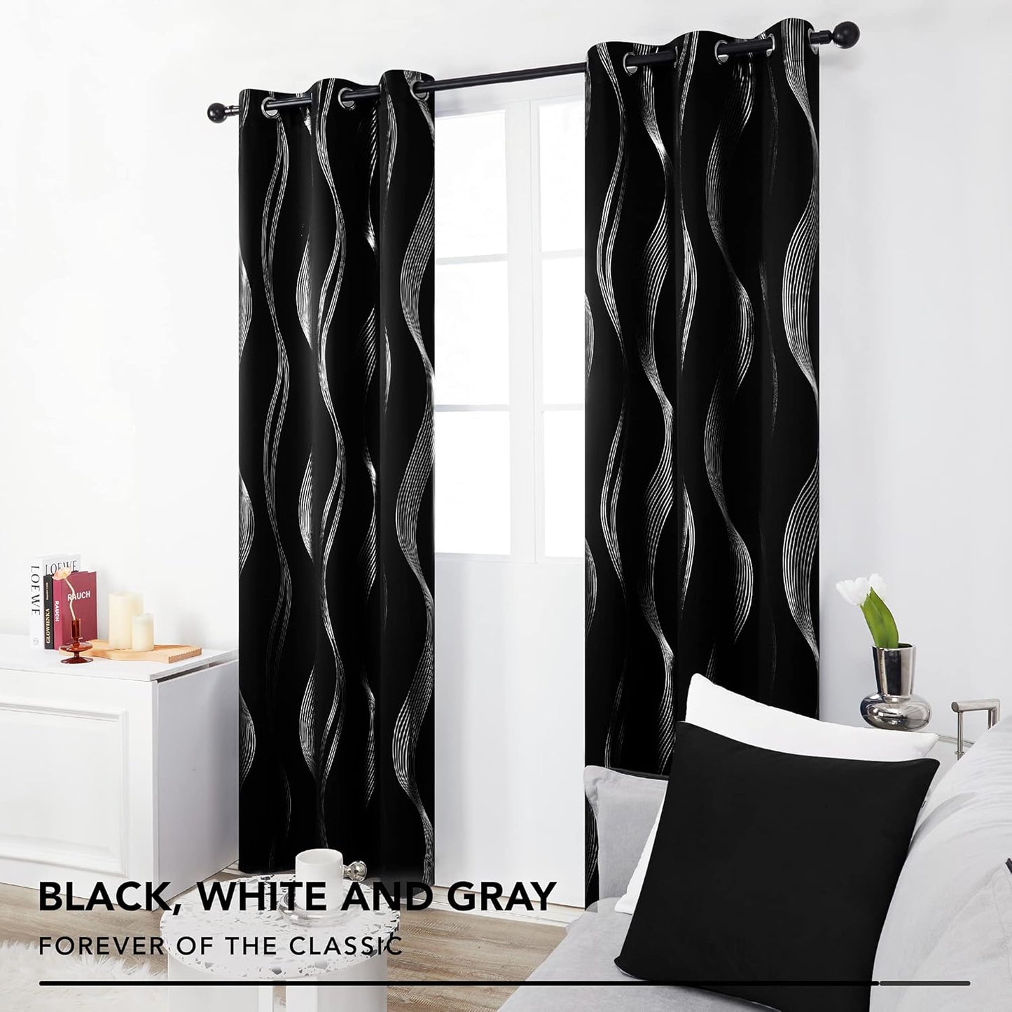 Silver Wave Print Blackout Curtains - Thermal Insulated & Noise‑Reducing Grommet Drapes for Bedroom & Living Room,  2 Panels ,Black