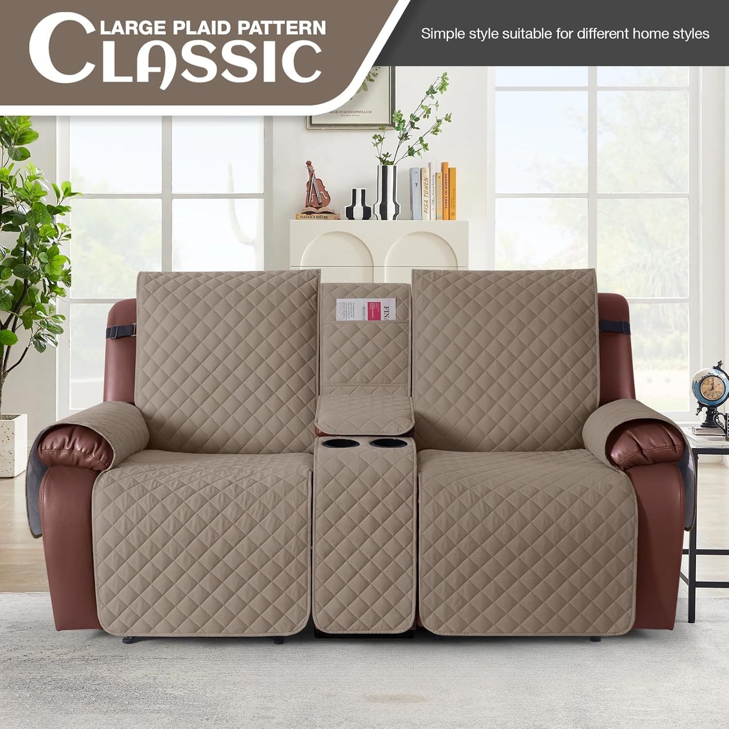 100%Waterproof  with Console, Non-Slip Reclining Couch Covers for 2 Seat, Recliner Sofa Cover Furniture Protector with Elastic Straps for Kids, Pets,Taupe