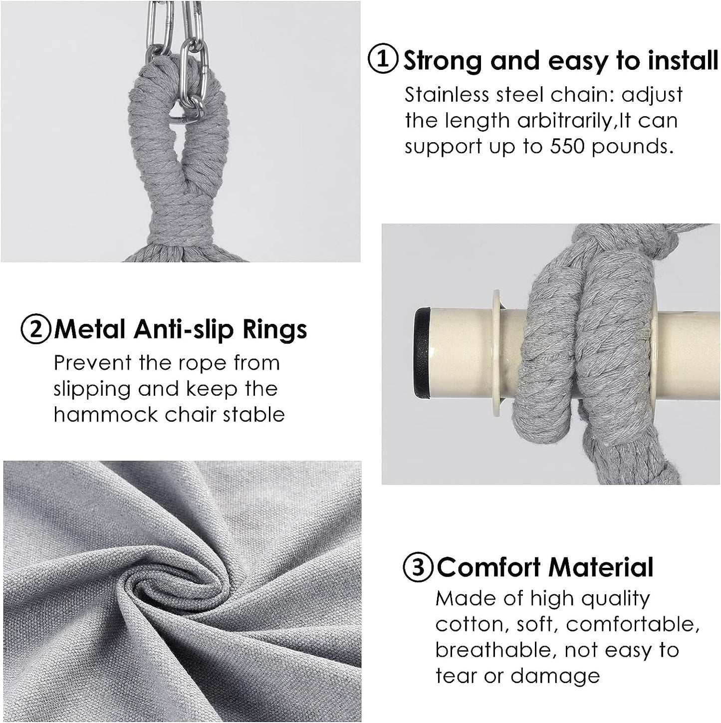 Hammock Chair Hanging Rope Swing, Large Hanging Chair with Pocket and tassels,Cushions for Superior Comfort, with Hardware Kit (Light Grey)