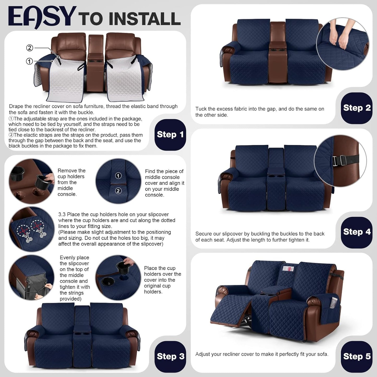 100%Waterproof  with Console, Non-Slip Reclining Couch Covers for 2 Seat, Recliner Sofa Cover Furniture Protector with Elastic Straps for Kids, Pets,Navy