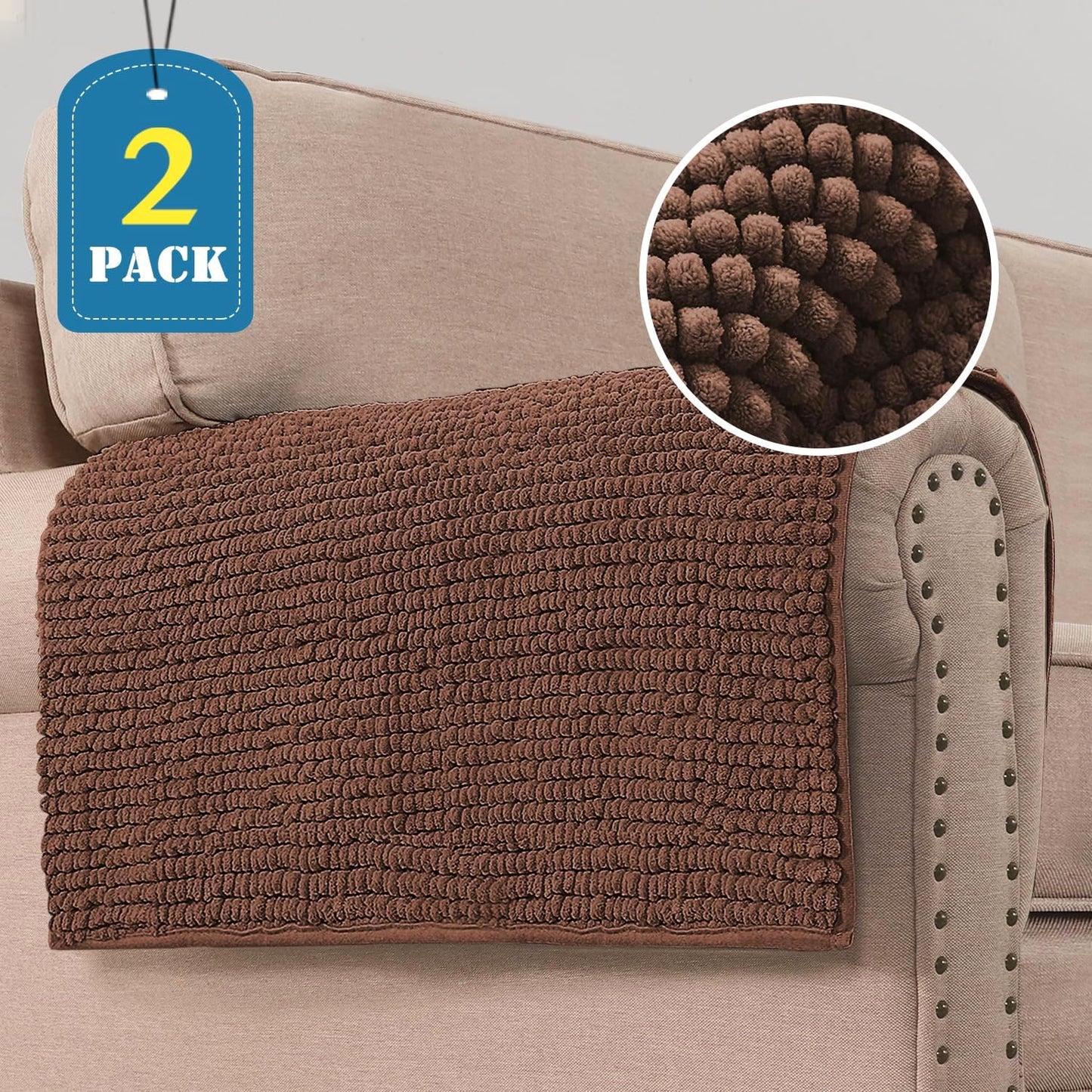 2 Packs Plush Chenille Couch Armrest Cover Thick and Soft Sofa Covers Water Resistant Furniture Protector Cover for Pets,Coffee