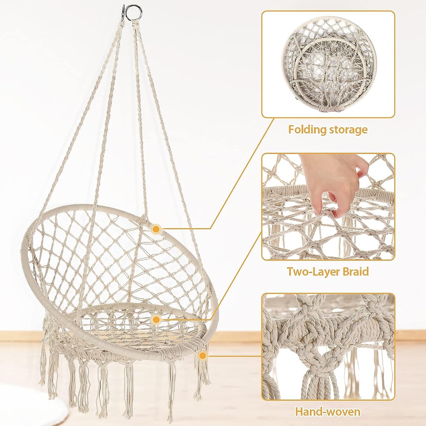Macrame Hammock Hanging Rocking Chair, Suitable for Bedroom, Outdoor, Children, Adults, Huge Load-bearing Capacity（Beige）