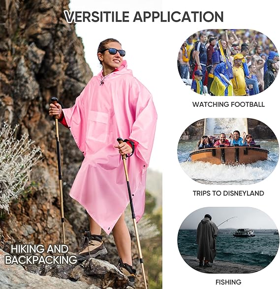 Hooded Rain Poncho for Adult with Pocket, Waterproof Lightweight Unisex Raincoat for Hiking Camping Emergency ,Pink