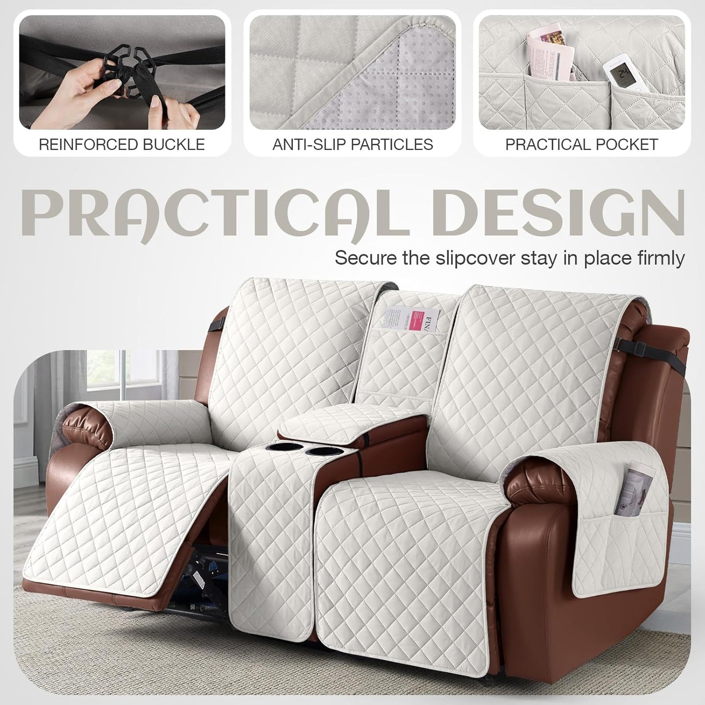 100%Waterproof  with Console, Non-Slip Reclining Couch Covers for 2 Seat, Recliner Sofa Cover Furniture Protector with Elastic Straps for Kids, Pets,Ivory