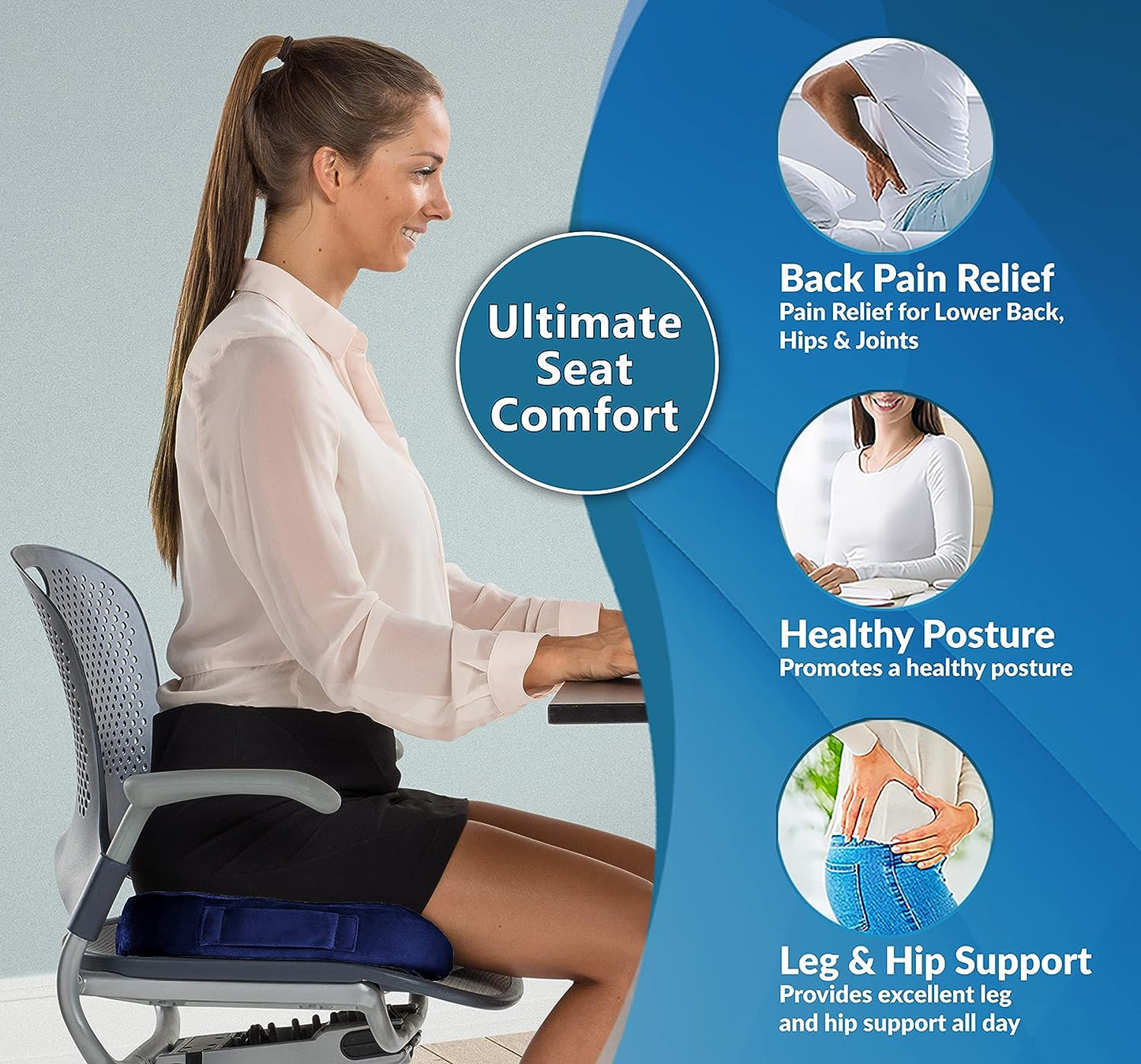 Memory Foam Gel Seat Cushion for Office Chair, Comfort Car Chair Cushion, Desk Seat Cushion for Tailbone Sciatica Pain Relief, Ergonomic Seat Pad,Blue