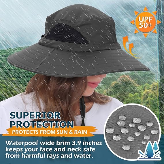 Unisex Sun Hat, Waterproof Wide Brim Bucket Hat Packable Boonie Hat for Fishing Hiking Gardening Safari Beach,Dark Grey