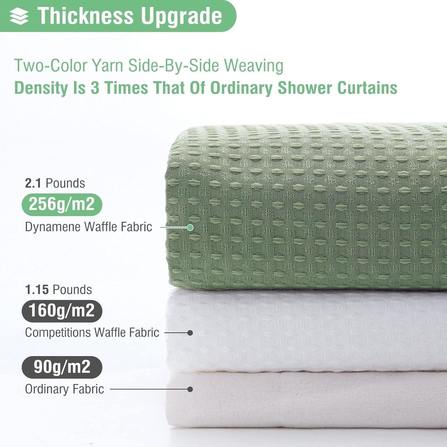 Fabric Shower Curtain - Waffle Weave Weighted Thick Cloth Shower Curtains for Bathroom, Hotel Spa Luxury Bath Curtain Set with 10 Hooks,Sage