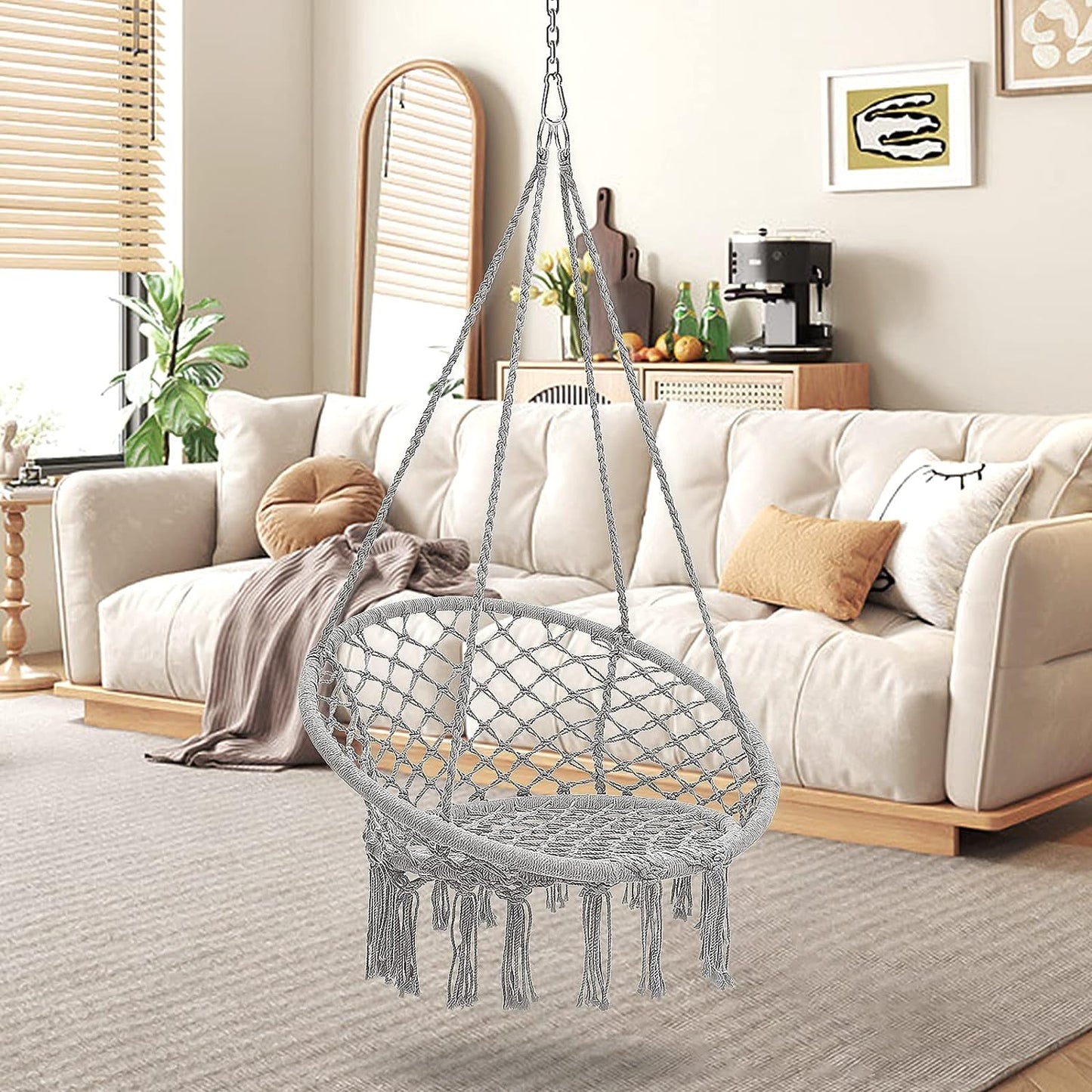 Macrame Hammock Hanging Rocking Chair, Suitable for Bedroom, Outdoor, Children, Adults, Huge Load-bearing Capacity（Light Grey）