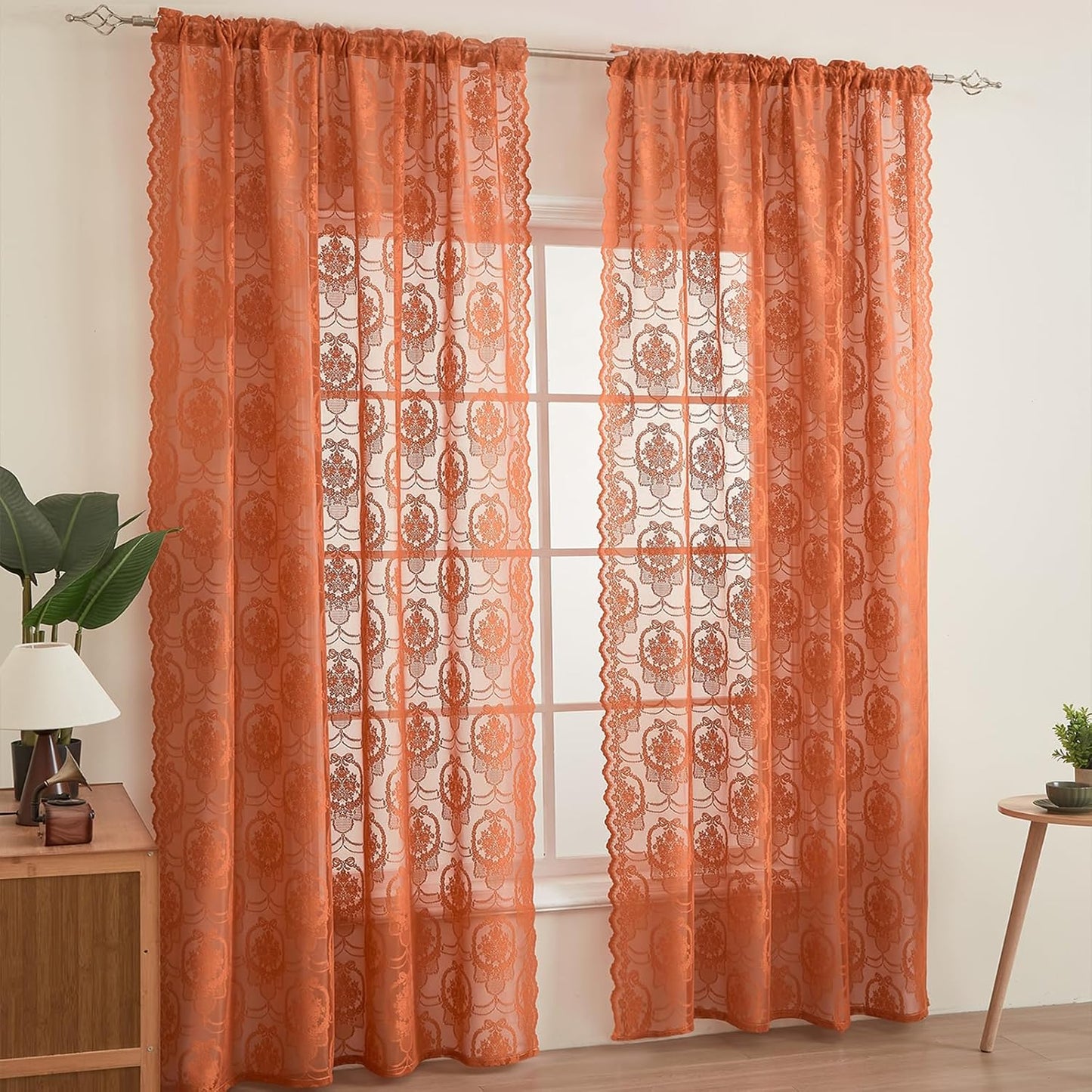 Burnt Orange Lace French Delicacy Curtains -Rod Pocket Luxury Vintage Bow Butterfly Flower Sheer Lace Curtains for Living Room Bedroom
